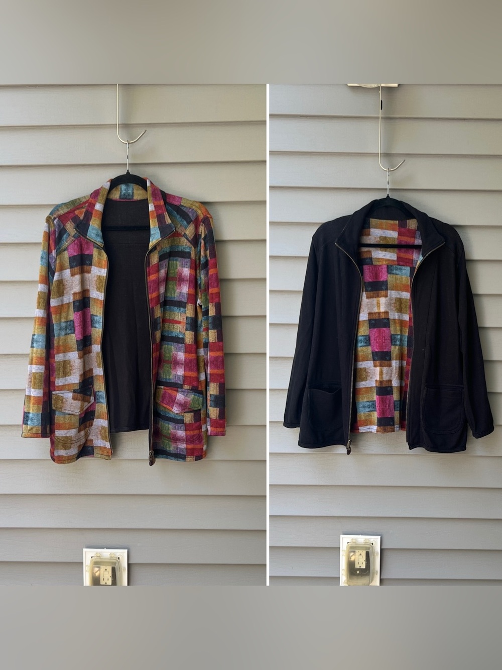 Parsley & Sage Reversible Patchwork Cardigan Zip Jacket Black M Pockets